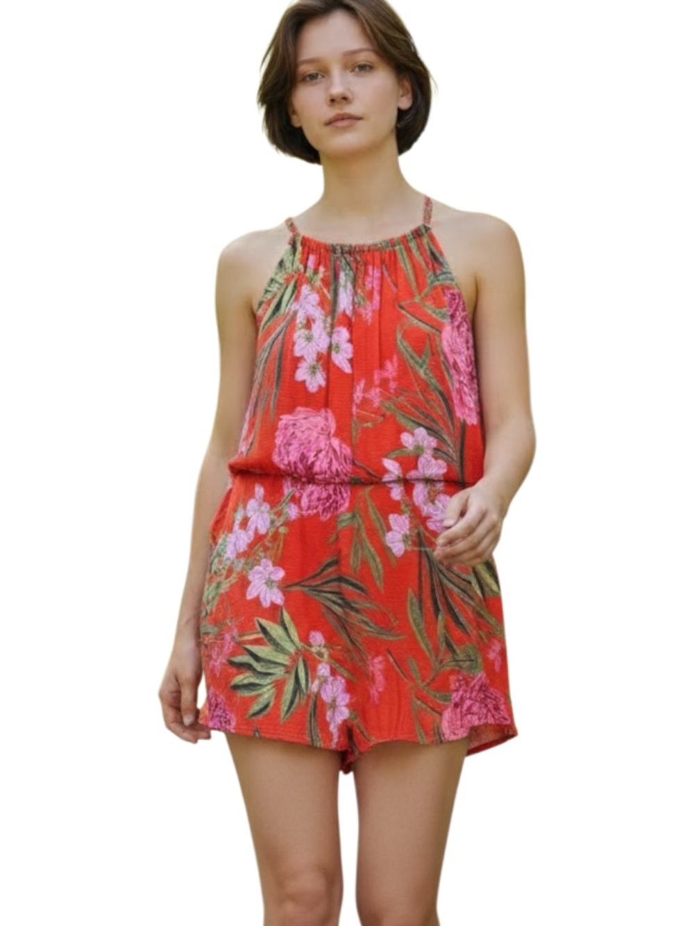 Old Navy Red Floral Halter Romper with Pink Accents